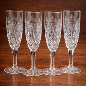 Set of 4 Cut Glass Champagne Flutes 6.5" Tall Starburst Fan Pattern Elegant